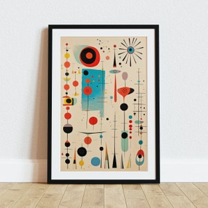 May include: A framed abstract art print in a mid-century modern style. The print features geometric shapes in red, blue, yellow, and black on a cream background.