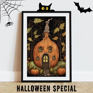 May include: A whimsical illustration of a pumpkin house with a chimney and windows, surrounded by trees and leaves. The house is lit up with a warm glow, creating a cosy and inviting atmosphere. The image is perfect for Halloween decorations or as a spooky and charming addition to any home decor.