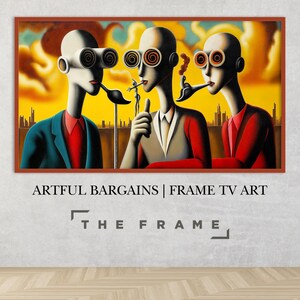 Peut inclure: Une peinture surréaliste représente trois personnages aux yeux ronds et grands, avec des motifs colorés et tourbillonnants sur leurs lunettes. Les personnages portent des vêtements rouges, bleus et gris et tiennent des pipes. L'arrière-plan est un ciel jaune et orange avec des nuages et une ville en arrière-plan. La peinture est encadrée dans un cadre brun. Le texte "ARTFUL BARGAINS | FRAME TV ART" est sous la peinture, et le texte "THE FRAME" est en dessous.