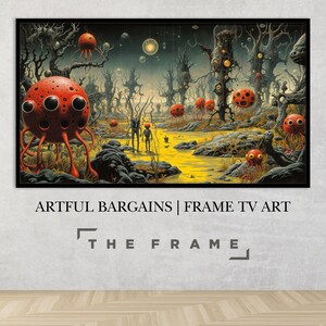 May include: A surreal landscape painting depicting a yellow river winding through a forest of trees with eyes. The trees are surrounded by red and orange creatures with multiple eyes. The painting has a dark and mysterious atmosphere.