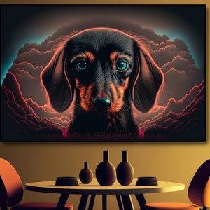 May include: A black and brown dachshund with blue eyes is looking directly at the viewer. The dog is in front of a dark blue and red background with clouds.