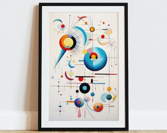 May include: Abstract art print featuring a colorful geometric design with circles, lines, and shapes in shades of blue, red, yellow, and black. The artwork is framed in a black frame.