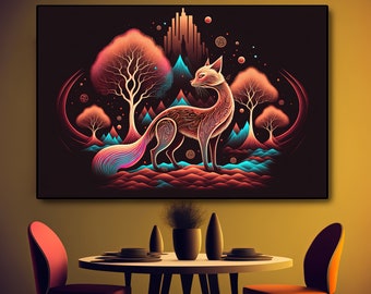 Kitsune Art Print, Kitsune Wanddekor, Neunschwänziger Fuchs, digitaler Download, Wanddeko, druckbar, japanischer Fuchs, japanische Folklore, PDF, Neon
