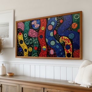 Puede incluir: Una pintura abstracta enmarcada con fondo negro y líneas y formas coloridas y en espiral. La pintura presenta una variedad de colores, incluyendo rojo, amarillo, azul, verde y rosa.