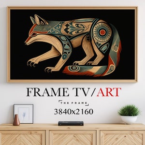 Könnte beinhalten: Ein gerahmter Druck eines stilisierten Fuchses mit geometrischen Mustern in Rot-, Blau-, Grün- und Goldtönen auf schwarzem Hintergrund. Der Text "FRAME TV/ART" befindet sich unter dem Bild, darunter "THE FRAME" und "3840x2160".