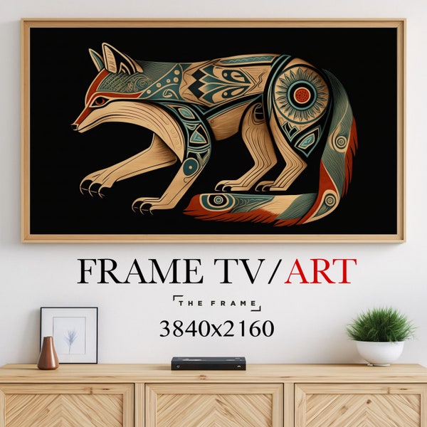 Frame TV Art, Samsung The Frame, Haida Tribal Art, Pacific Northwest, Totem Animal Fox, Wolf, Native American Digital TV Art, Tlingit, Wood