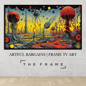 May include: A surreal landscape painting with a yellow, orange, and blue color scheme. The painting features a variety of strange, organic shapes and forms, including large, bulbous plants with red and black markings. The painting is framed in black.