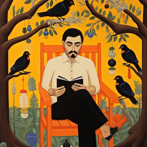 May include: A man sits in a red rocking chair reading a book in a garden setting. The chair is surrounded by a tree with green leaves and black birds with red accents. The background is a bright yellow.