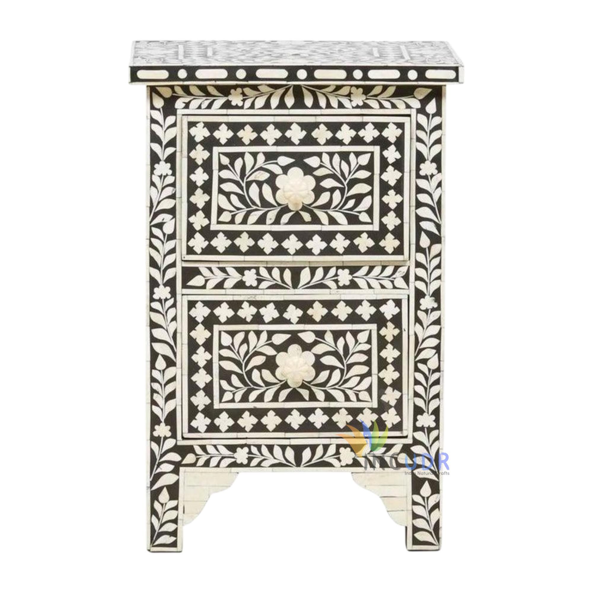Modern Bone Inlay Modern Bone Inlay Side Table | Floral Handmade 2 Drawer Bedside ...