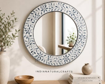 Handmade Bone Inlay Round Mirror– Floral Design Mirror for Wall, Bathroom, Bedroom, Livingroom