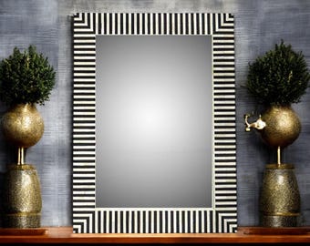 Bone Inlay Mirror Frame – Modern Home Decor Unique Handcrafted Black & White Strip Design