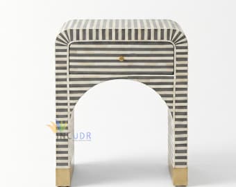 Handcrafted Bone Inlay Side Table – Striped Chevron Nightstand with One Drawer, Modern Boho Accent End Table for Bedroom & Living Room Decor