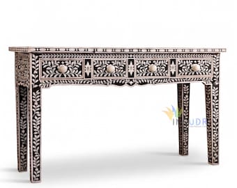 Handmade Bone Inlay Desk with 4 Drawers | Black Floral Writing Desk | Luxury Home Office Desk | Bone Inlay Study Table | Vanity Desk