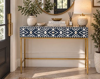 Mesa consola con incrustaciones de hueso, 3 cajones, muebles decorativos geométricos, mesa de dormitorio hecha a mano, decoración marroquí para recibidor, aparador de lujo.