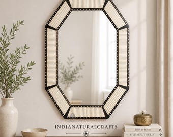 Handmade Bone Inlay Mirror Frame | Octagon Traditional Wall Decor | For Bedroom, Bathroom, Living room