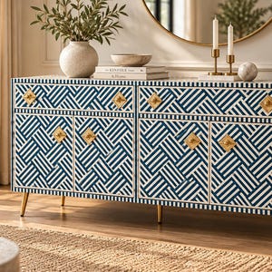 Bone Inlay Sideboard with 4 Doors and 2 Drawers, Geometric Credenza Cabinet | Handcrafted Storage Furniture