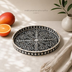 Inlay Mother of Pearl Serving Tray – Floral Pattern Round Ottoman Tray