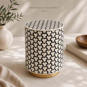 Bone Inlay Handmade Geometric Patterned Stool | bedside / side table / End table