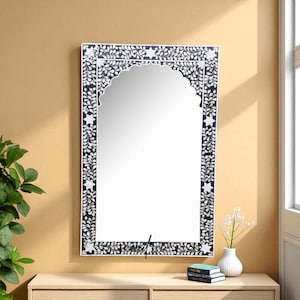 Bone Inlay Mirror Frame: Art Deco Rectangular Wall Mirror