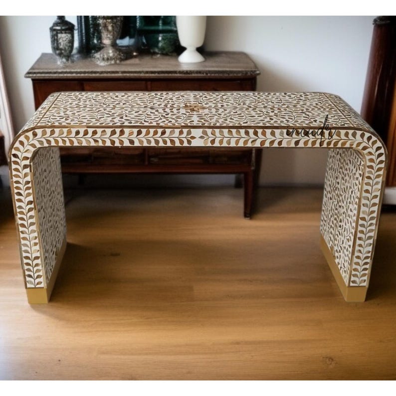 Handcrafted Inlay Console Table, Floral Pattern Teak Wood, Study Table ...