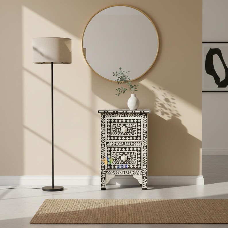 Modern Bone Inlay Modern Bone Inlay Side Table | Floral Handmade 2 Drawer Bedside ...