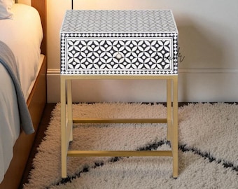 Geometric Bone Inlay Nightstand:  1 Drawer Bedside with Iron Stand