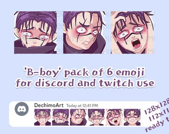 May include: A set of six animated emojis featuring a cartoon character with purple hair and black eyes. The character is shown with different facial expressions, including crying, angry, and surprised. The emojis are 128x128 pixels and 112x112 pixels in size and are ready to use on Discord and Twitch.
