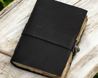 Vintage Black Leather Journal with Lock: Handmade Deckle Edge Notebook