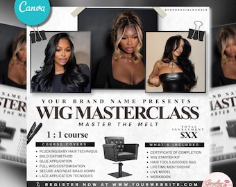 Perücken-Anbringungskurs-Flyer | Bearbeitbare Hairstylist Training Canva Vorlage (Digitaler Download) | 1 auf 1 Platz