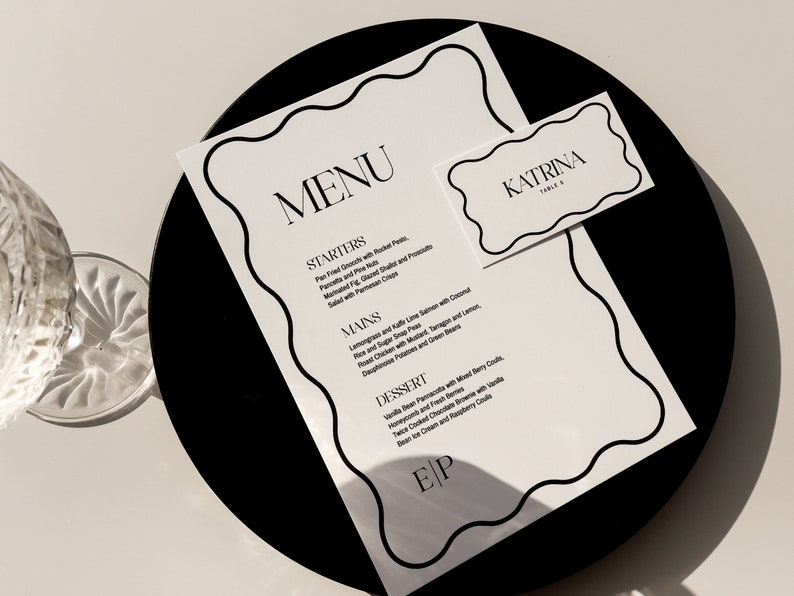 White Menu Card Design Wave Menu & Name Card Digital Template - Editable Wedding Stationery ...