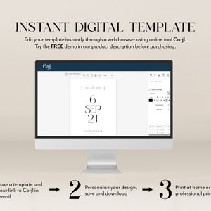 Puede incluir: Un monitor de computadora muestra una plantilla digital para una invitaci&oacute;n de boda, con la fecha "6 SEP 24" en un dise&ntilde;o minimalista. La imagen incluye instrucciones: comprar, personalizar e imprimir. El texto dice "INSTANT DIGITAL TEMPLATE" y "Edit your template instantly through a web browser using online tool Corjl."