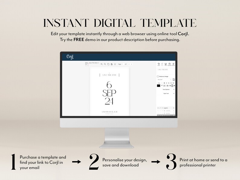 Puede incluir: Un monitor de computadora muestra una plantilla digital para una invitaci&oacute;n de boda, con la fecha "6 SEP 24" en un dise&ntilde;o minimalista. La imagen incluye instrucciones: comprar, personalizar e imprimir. El texto dice "INSTANT DIGITAL TEMPLATE" y "Edit your template instantly through a web browser using online tool Corjl."