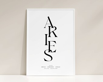 ARIES Star Sign, Instant Download Print, Simple Print, ARIES Gift, Zodiac Printable, Gift for her, Astrology Digital Download, A3