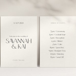 May include: Wedding invitation with a minimalist design. The invitation features the date "6 SEP 2021" and the names "SAVANNAH & KAI" in a bold, sans-serif font. The invitation also includes the location "Estate Tuscany" and a list of wedding events with times.