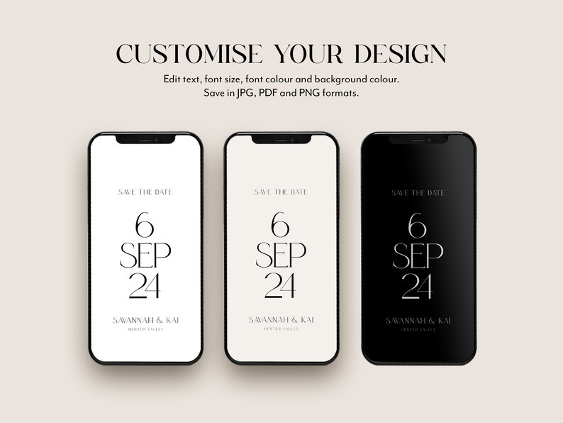 Puede incluir: Tres smartphones que muestran un dise&ntilde;o de invitaci&oacute;n de boda. El dise&ntilde;o presenta la fecha "6 SEP 24" en una fuente minimalista, con los nombres "SAVANNAH & KAI" debajo. Los tel&eacute;fonos son blancos, crema y negros.
