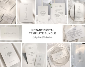 May include: A selection of white wedding stationery templates, including invitations, menus, and signage. The templates feature elegant fonts and designs, with text such as "Signature Cocktails," "Cards & Gifts," and "Table One." The bundle is labeled "Instant Digital Template Bundle - Daphne Collection."