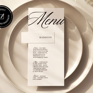 Menú de boda y paquete de tarjetas de presentación Evento listo para imprimir Estacionario Mínimo Caligrafía de boda Detalles del menú Decoración de mesa para despedida de soltera, Ivy