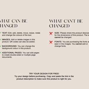 May include: A checklist of what can and cannot be changed when customizing a product.  The checklist includes text, images, background color, and additional pages.  The checklist also includes size and fonts, which cannot be changed.
