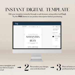 May include: A computer screen displaying a wedding invitation template being edited in the Corjl online design tool. The template features a simple design with the names "Samantha and Ryan" in black text. The steps to create and print the invitation are shown below the screen.