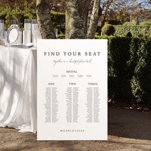 Puede incluir: Un gran letrero blanco con el texto "FIND YOUR SEAT" y una lista de nombres para una boda. El letrero está al aire libre, con un mantel blanco y vegetación en el fondo. El letrero también incluye el texto "together is a beautiful place to be".
