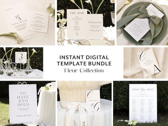 Fleur Wedding Stationery Digital Bundle | Garden Wedding Invitations Wedding Menu Chart, Signs | Editable Corjl Download DIY Wedding Kit