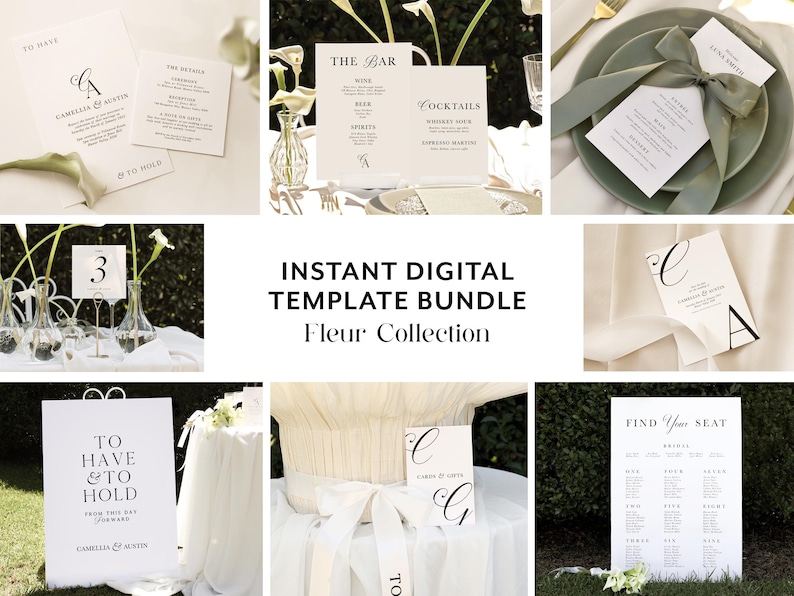 May include: Instant digital wedding template bundle in the Fleur Collection. The bundle includes a variety of templates, such as a seating chart, table numbers, bar menu, and more. The templates are designed in a minimalist style with black text on a white background.