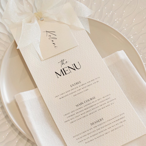 Tarjetas de menú de boda Paquete de configuración de lugar Plantilla digital Configuración de mesa minimalista Tarjeta de colocación de nombre de boda para mesa editable