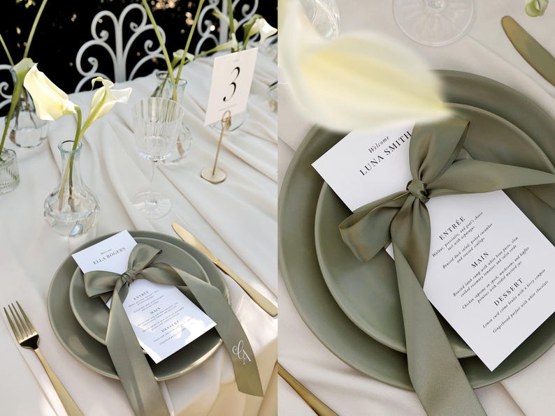 May include: A wedding table setting with a green and white color scheme. The table is set with a white tablecloth, green plates, and white napkins. There is a green ribbon tied around the menu card, which says "Welcome Luna Smith".