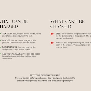 May include: A checklist of what can and cannot be changed when customizing a product.  The checklist includes text, images, background color, and additional pages.  The checklist also includes size and fonts, which cannot be changed.