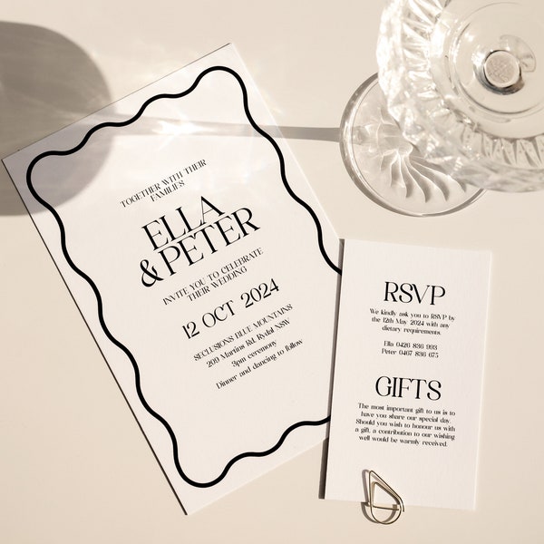 Wave Wedding Invitation + RSVP Card Set - Elegant Design, Fully Customizable - Trendy Stationery Bundle Wedding Invite, Evite