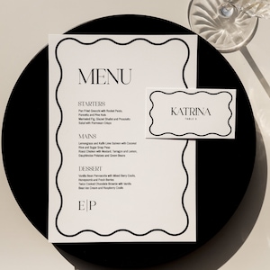 Menu vague et modèle numérique de carte de visite - ensemble de papeterie de mariage modifiable Marque-places design tendance ondulés douche nuptiale - impression à la maison