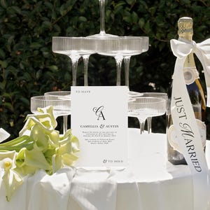 Set di nastri Just Married, 2 nastri per bottiglie nuziali, decorazioni per sedie nuziali, nastro di raso, cravatta per bottiglia di champagne, etichetta per sposi e sposi, nastro per ricevimento
