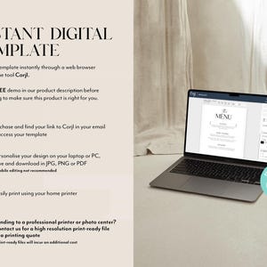 May include: A laptop computer displaying a menu template on the screen. The template is being edited using the online tool Corjl. The text "The Menu" is visible at the top of the template. The laptop is on a white surface.