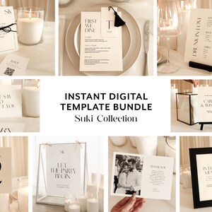 Peut inclure: Un ensemble de modèles numériques pour la signalisation de mariage. Les modèles présentent un design minimaliste avec du texte noir sur fond blanc. L'ensemble comprend des modèles pour une pancarte de bienvenue, un plan de table, un numéro de table, une pancarte pour les cartes et les vœux, une pancarte pour un menu de boissons et une pancarte pour un photomaton. Les modèles sont parfaits pour un mariage moderne.